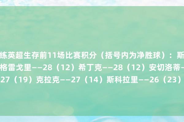 锻练英超生存前11场比赛积分（括号内为净胜球）：斯洛特——28（15）约翰-格雷戈里——28（12）希丁克——28（12）安切洛蒂——27（20）萨里——27（19）克拉克——27（14）斯科拉里——26（23）穆里尼奥——26（13）波斯特科格鲁——26（10）科曼——25（18）    体育录像/图片